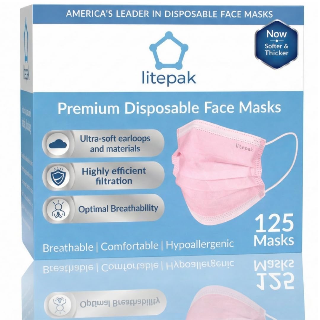 Litepak 125-Pack Disposable Face Mask Premium Comfort Earloops with Dispenser Box