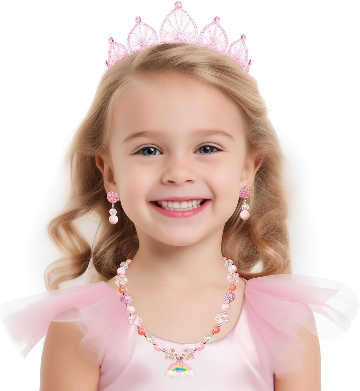 ELEMIRSA Girl Handbag Purse for Little Girls Kids Pretend Play Dress Up Necklace Hair Accessories Jewelry Set, Light Pink
