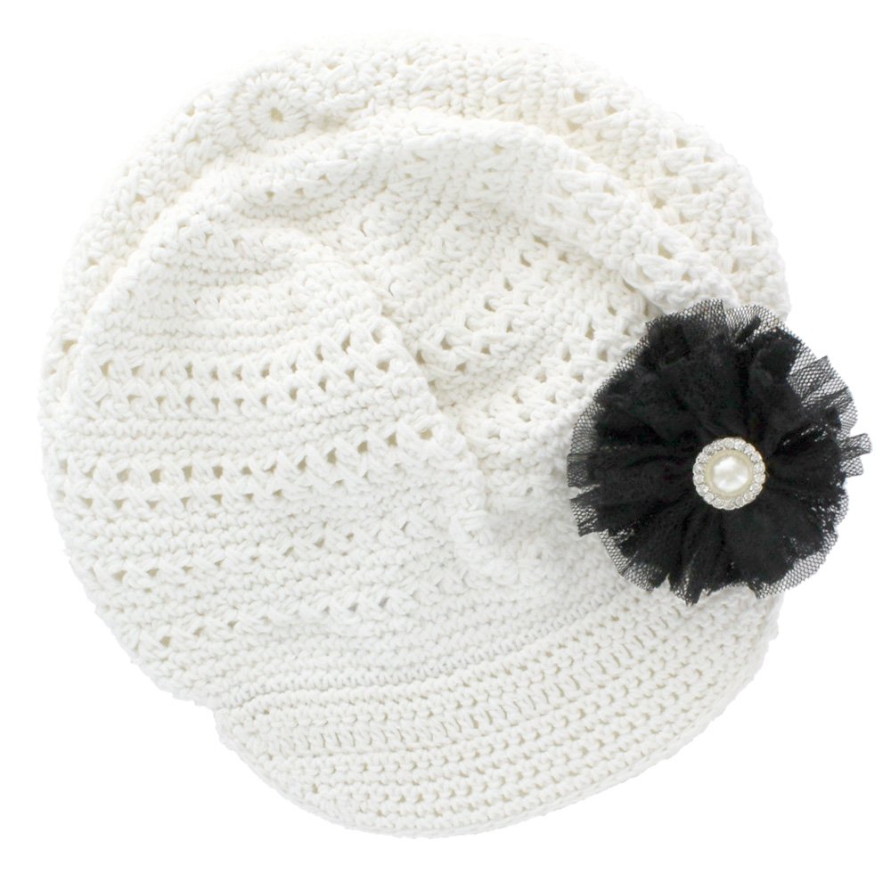 My Lello Little Girl's Newsboy Crochet Beanie Hat with Vintage Lace/Tulle Flower