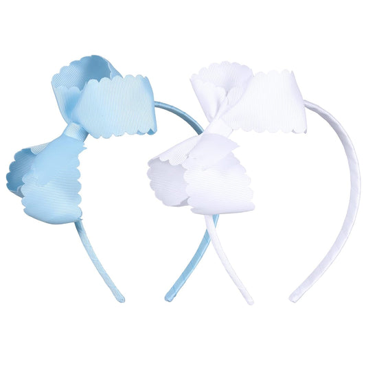 White, Light Blue Scalloped Bow Hairband for Girls, Cute Bowknot Headbands