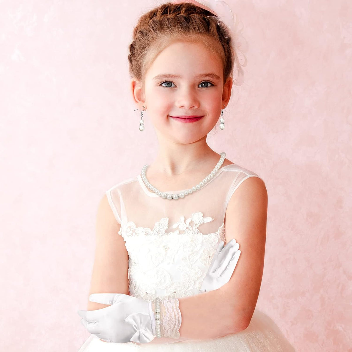 Newcotte 4 Pcs Little Girls Pearl Necklace Jewelry Set