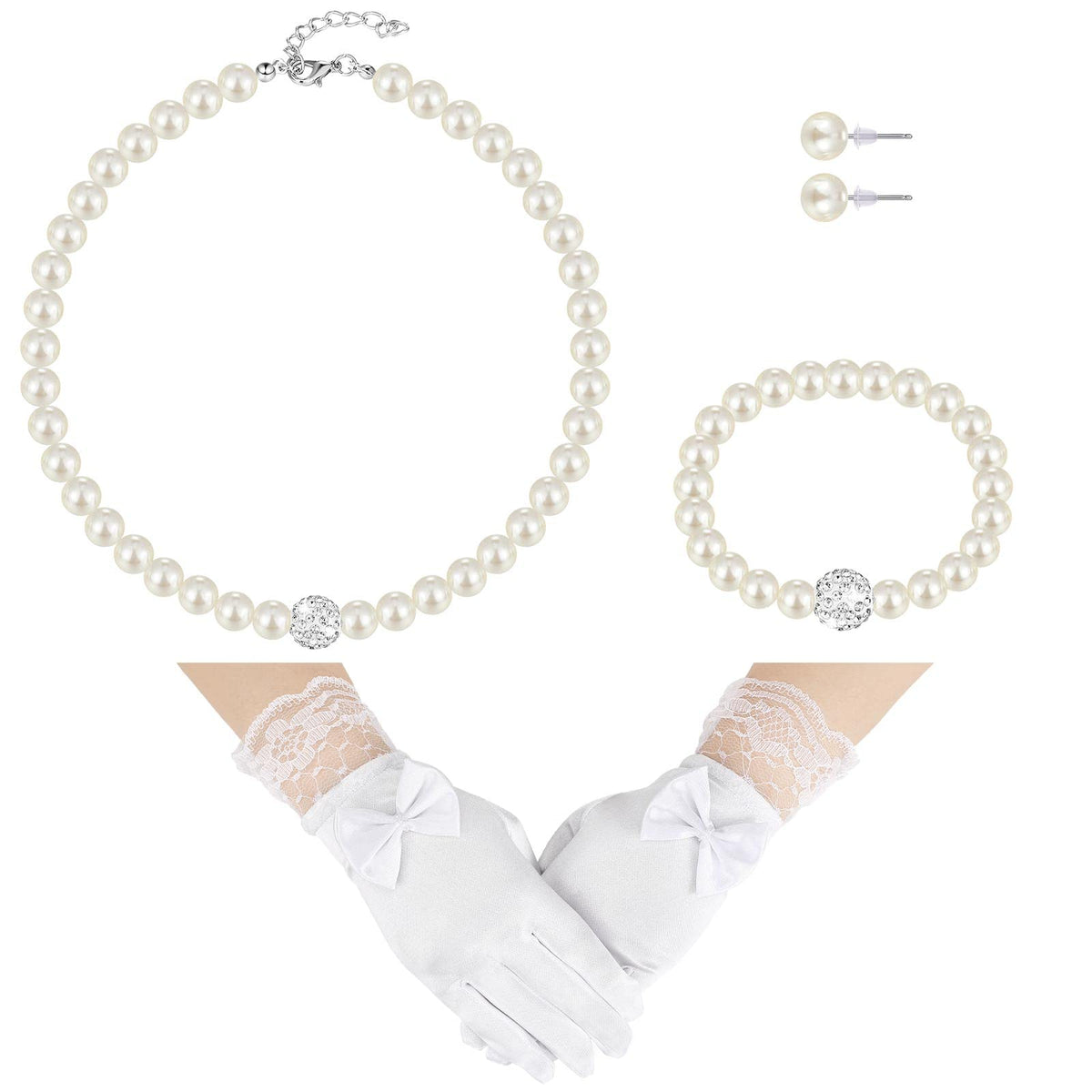 Geyoga 4 Pcs Pearl Necklace Set for Little Girls Toddler Girls Jewelry Communion Gloves for Kids Christmas Tea Party Wedding