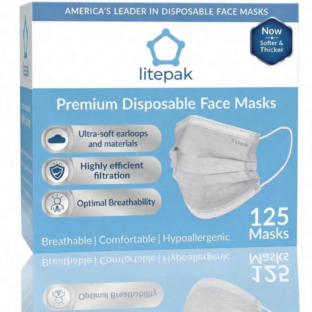 Litepak 125-Pack Disposable Face Mask Premium Comfort Earloops with Dispenser Box
