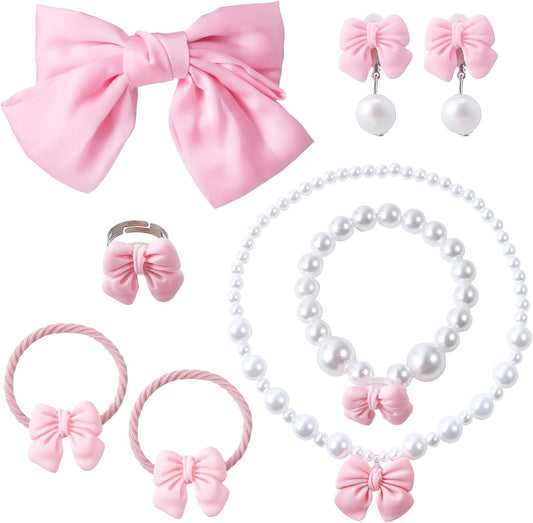 Avxdbr 8Pcs Bow Pearl Jewelry Cute Princess Dress Up Gifts for Birthday