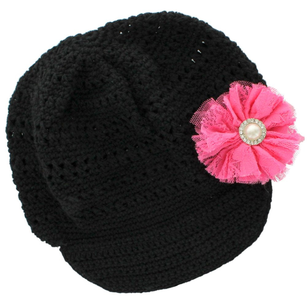 My Lello Little Girl's Newsboy Crochet Beanie Hat with Vintage Lace/Tulle Flower
