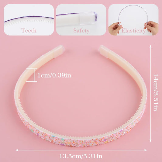 WLLHYF Glitter Headband, 4pcs Plastic Sparkly Cute Non Slip Chunky Hairbands, Thick Bling Confetti Rainbow Hair Bands with Teeth, Little Girls Colorful Hair Accessories
