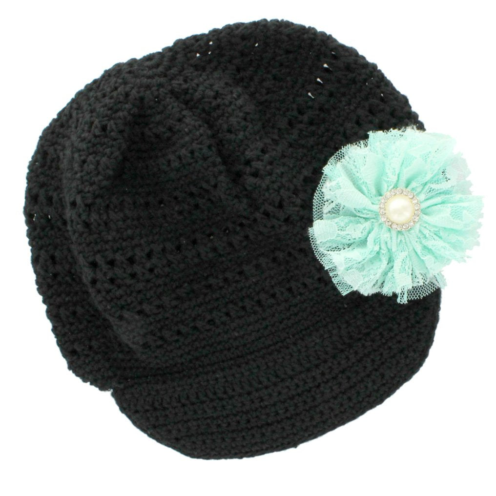 My Lello Little Girl's Newsboy Crochet Beanie Hat with Vintage Lace/Tulle Flower