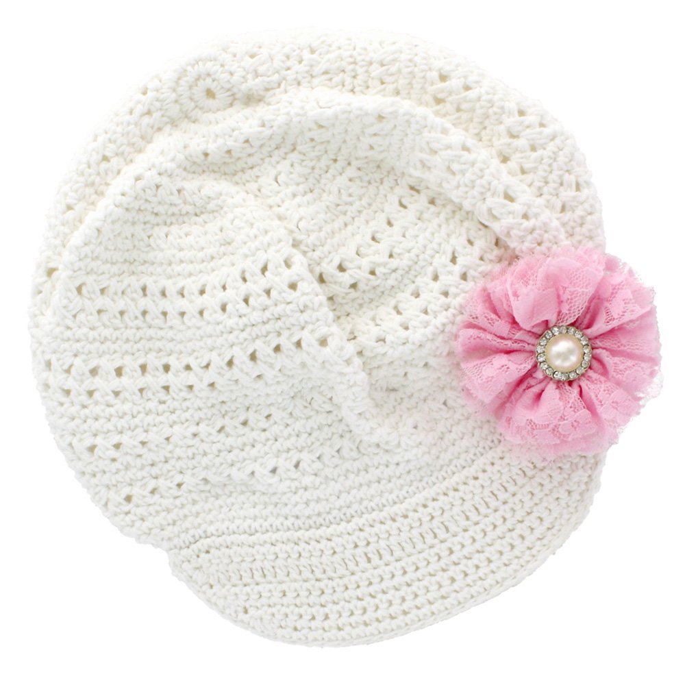 My Lello Little Girl's Newsboy Crochet Beanie Hat with Vintage Lace/Tulle Flower