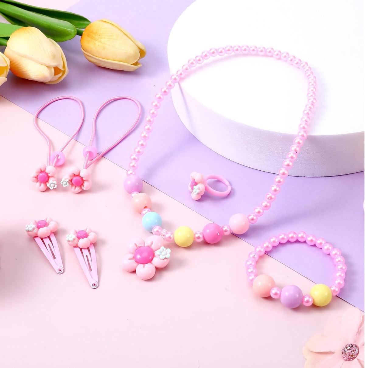 Pink Flower Toddler Jewelry Set, Play Jewelry for Toddlers 1-3, Includes Beaded Necklace Bracelet Hair Clips Rings for Princess Dress-Up Birthday Gift Age 2 4 6 8