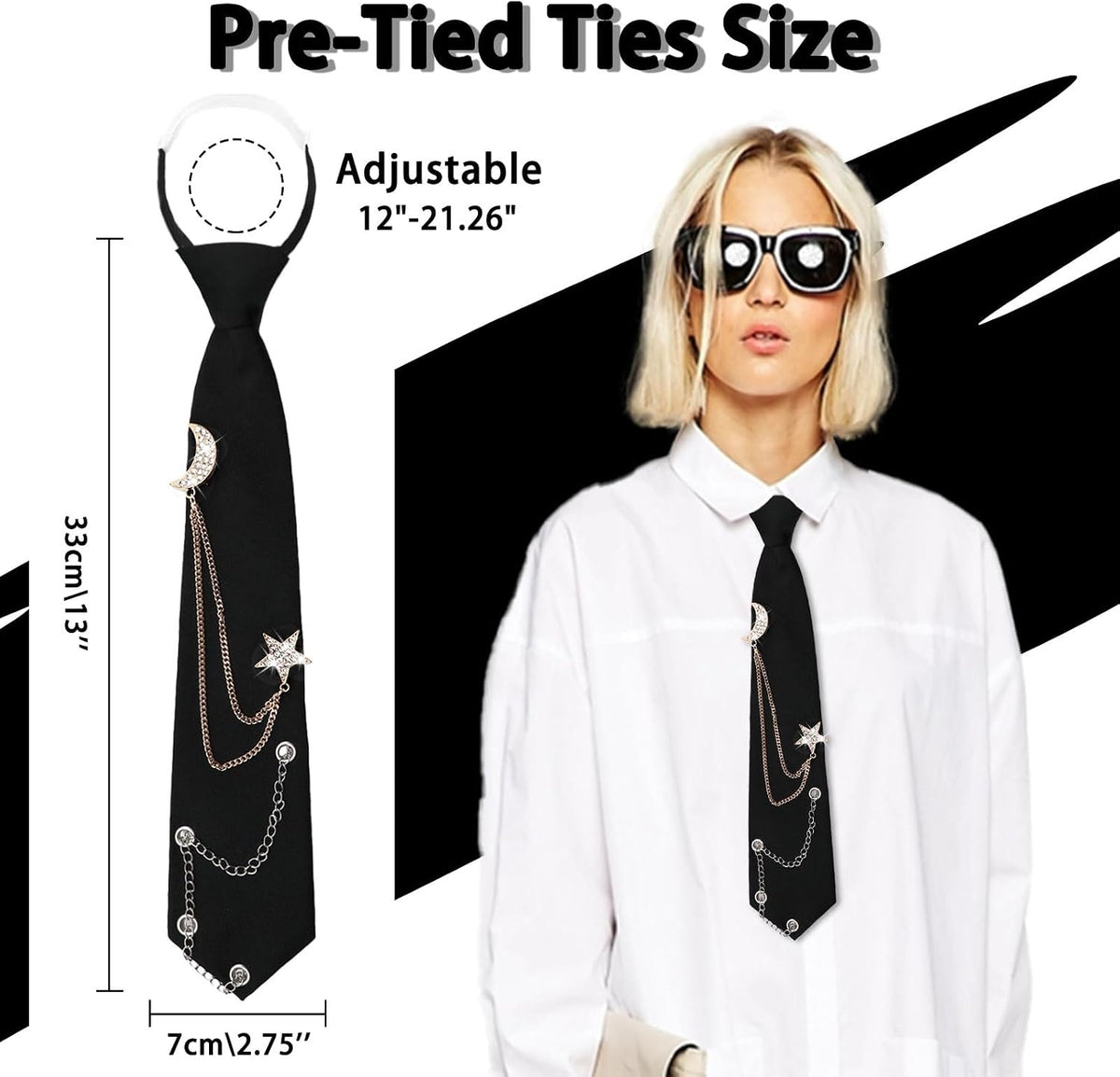 LJBFNN Black Ties for Women, Womens Tie with Metal Chain 2.76'' Pre-Tied Necktie for Girls School Uniform Shirt Accessory