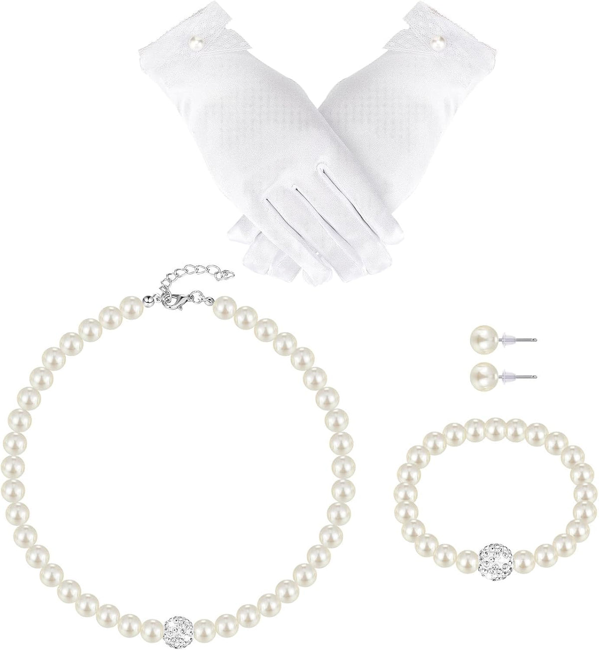 Geyoga 4 Pcs Pearl Necklace Set for Little Girls Toddler Girls Jewelry Communion Gloves for Kids Christmas Tea Party Wedding