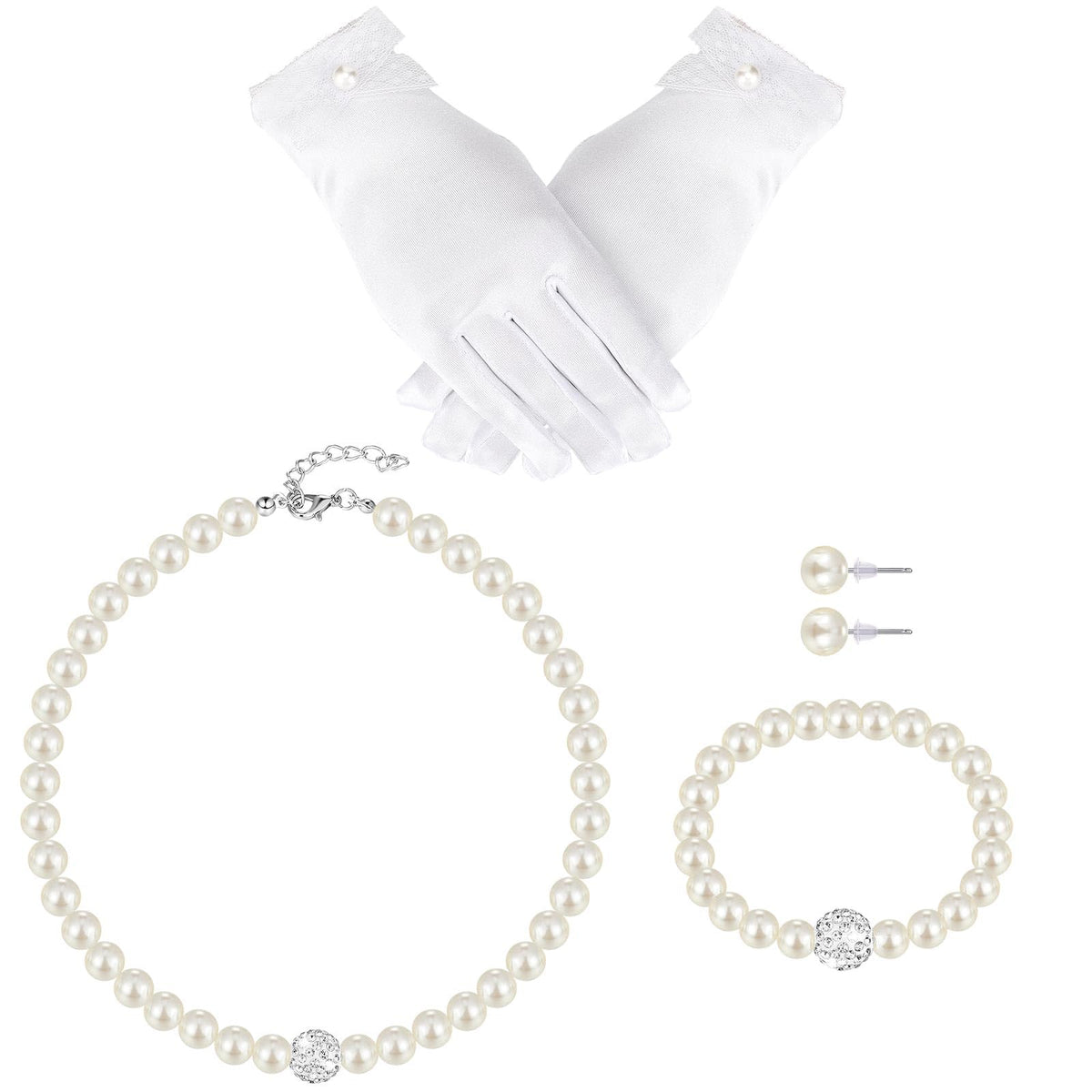 Geyoga 4 Pcs Pearl Necklace Set for Little Girls Toddler Girls Jewelry Communion Gloves for Kids Christmas Tea Party Wedding
