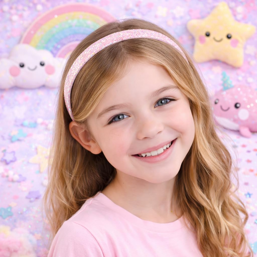 Girls Glitter Headbands, Sparkle Hair Accessories, 6 pack Fun Kids Fashion Head Band Pack, Cute Sparkle Headband Accessory Set - Sparkle Heart Star and Bow, Kids (Stocking Stuffers)