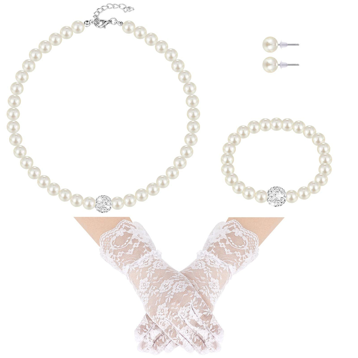 Geyoga 4 Pcs Pearl Necklace Set for Little Girls Toddler Girls Jewelry Communion Gloves for Kids Christmas Tea Party Wedding