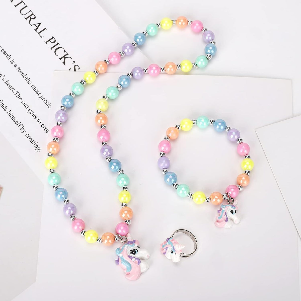 Msnailfly Unicorn Stretch Necklace Little Girl Toddler Necklace Bracelet Set, Little Princess Jewelry Accessories Favors Bags for Girls (2)