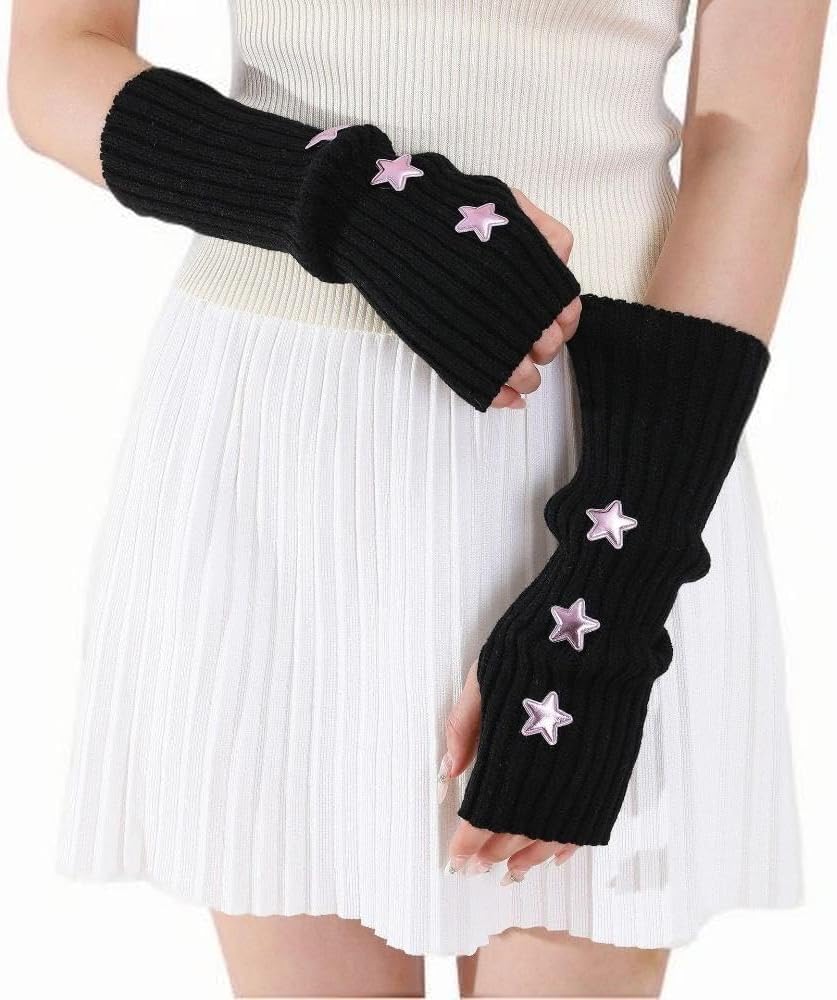 Marrywindix Cute Arm Warmers Y2K Knitted Star Arm Cover Fingerless Gothic Fingerless Glove Punk Winter Glove for Women Girls