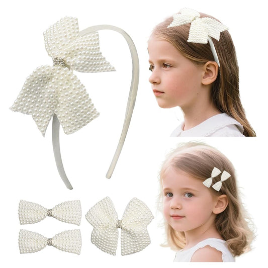Baby Girls Pearl Beaded Hair Bow Headband and Clips Set, Rhinestone Hair Accessories Gift 4Pcs Set for Toddlers Teens School Girls (pearlseries)