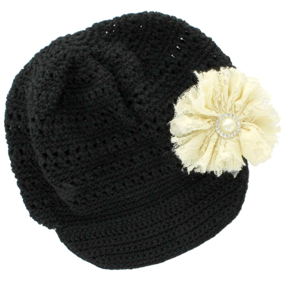 My Lello Little Girl's Newsboy Crochet Beanie Hat with Vintage Lace/Tulle Flower