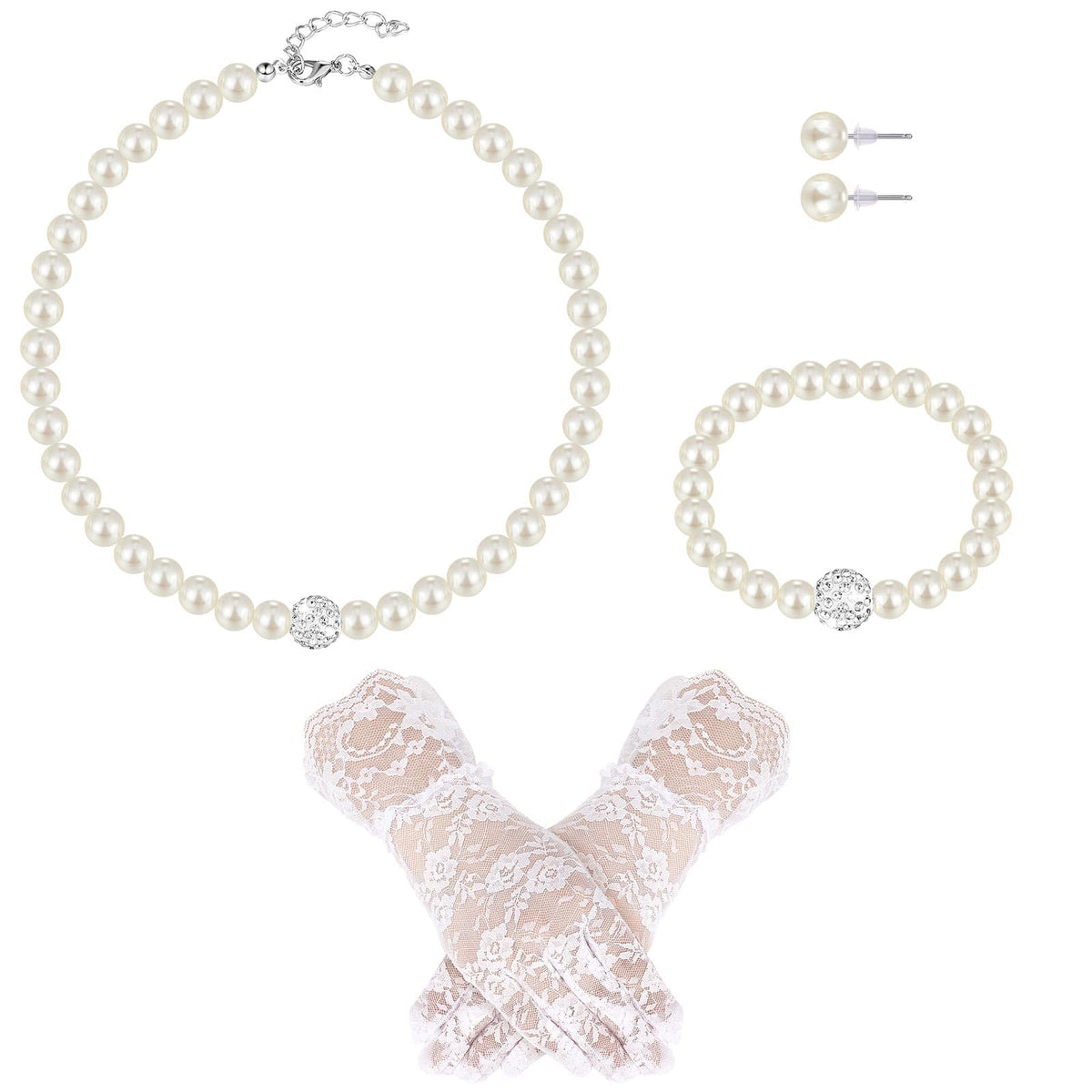 Geyoga 4 Pcs Pearl Necklace Set for Little Girls Toddler Girls Jewelry Communion Gloves for Kids Christmas Tea Party Wedding