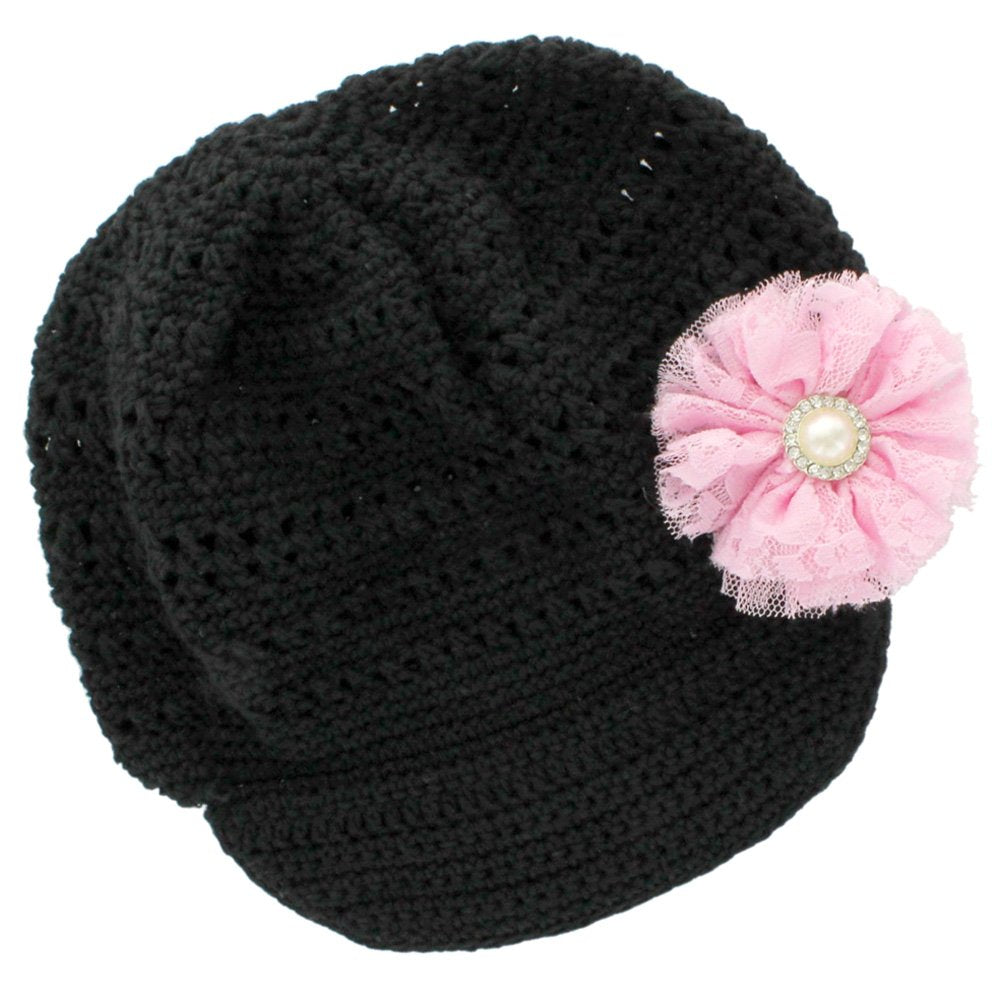 My Lello Little Girl's Newsboy Crochet Beanie Hat with Vintage Lace/Tulle Flower