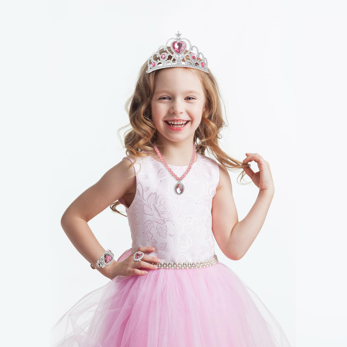 Cocojeci Princess Dress Up Party Accessories for Princess Costume Gloves Tiara Wand Necklace Earrings Bracelet and Ring Gift Set 9pcs (Pink, Set of 7, 9pcs)