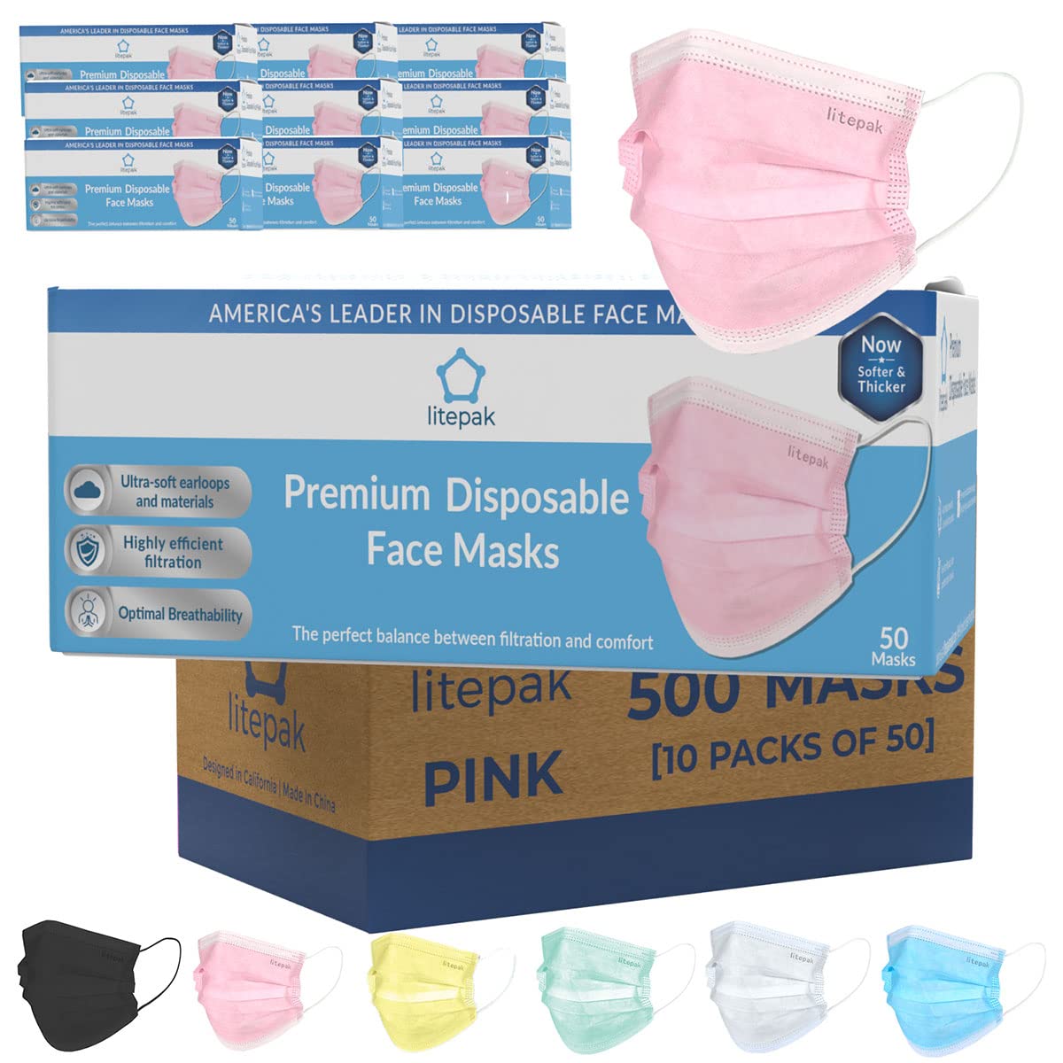 Litepak 500pcs Premium Disposable Face Mask SOFT 3ply Nose Wire