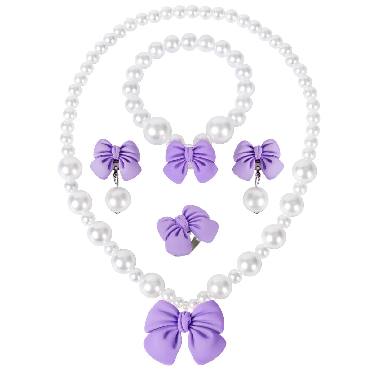 Princess Jewelry for Little Girls, Handmade Bow Pearl Kids Jewelry Set, Stretch Necklace Bracelets Rings and Clip on Earrings, Perfect for Dress Up, Birthday Parties, and Costume Play