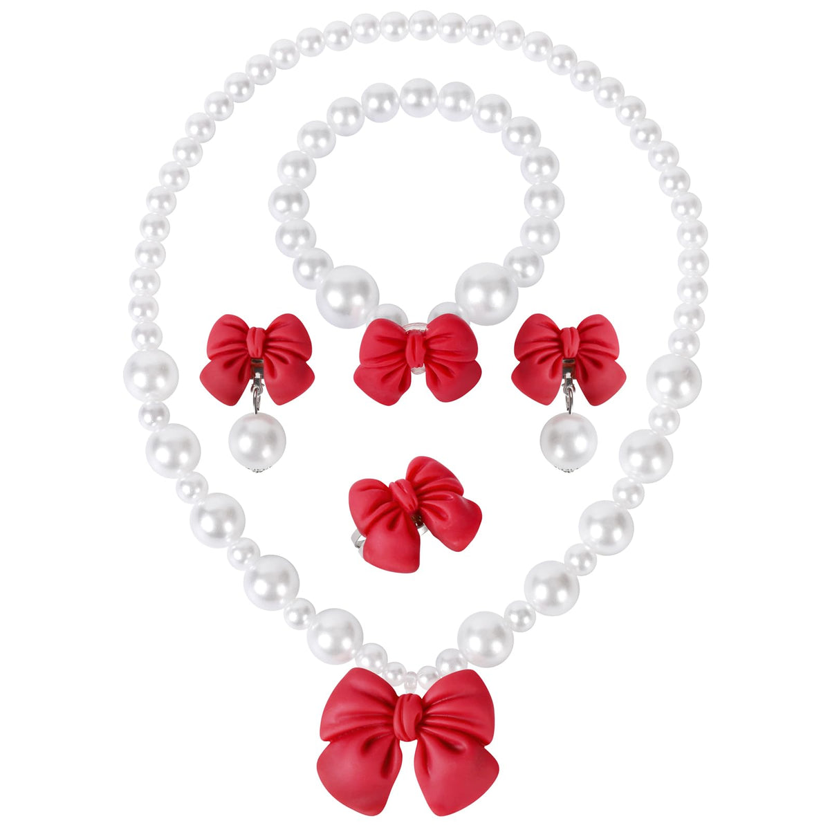 Princess Jewelry for Little Girls, Handmade Bow Pearl Kids Jewelry Set, Stretch Necklace Bracelets Rings and Clip on Earrings, Perfect for Dress Up, Birthday Parties, and Costume Play