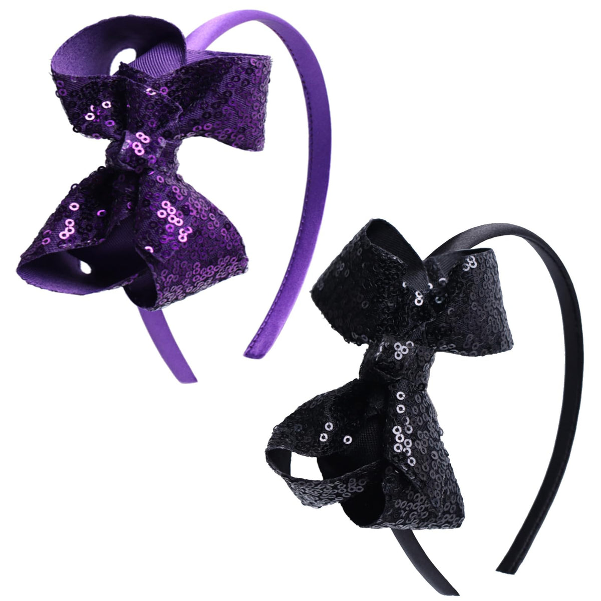 Sparkle Glitter Sequin Bow Headband for Children Girls- Boutique Style Hair Accessory with Bow Ribbon - 2 Piece (HotPink, Pink)