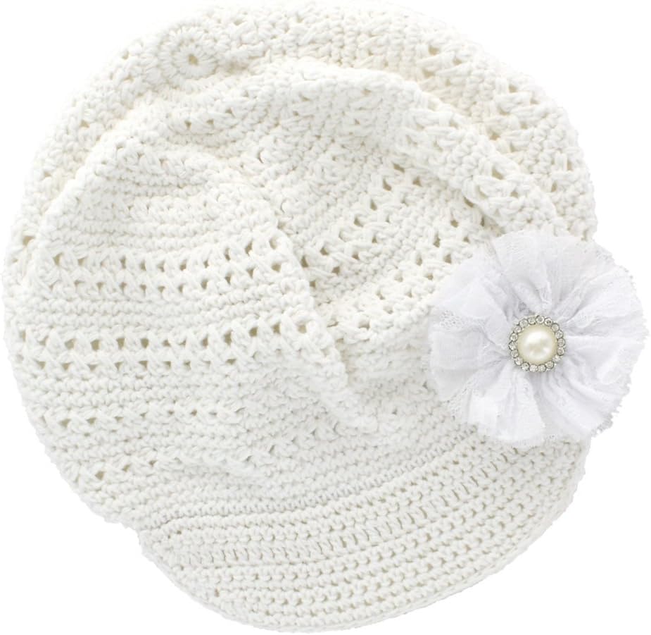 My Lello Little Girl's Newsboy Crochet Beanie Hat with Vintage Lace/Tulle Flower