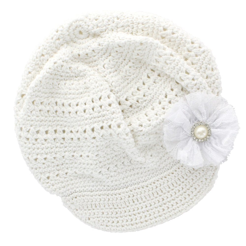 My Lello Little Girl's Newsboy Crochet Beanie Hat with Vintage Lace/Tulle Flower