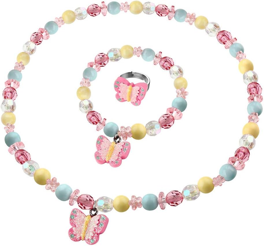 Msnailfly Butterfly Stretch Necklace Little Girl Toddler Necklace Bracelet Set, Little Princess Jewelry Kids Play Necklaces Butterfly Rings for Kids