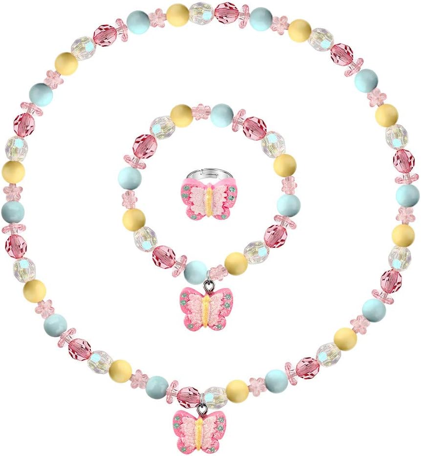 Msnailfly Butterfly Stretch Necklace Little Girl Toddler Necklace Bracelet Set, Little Princess Jewelry Kids Play Necklaces Butterfly Rings for Kids