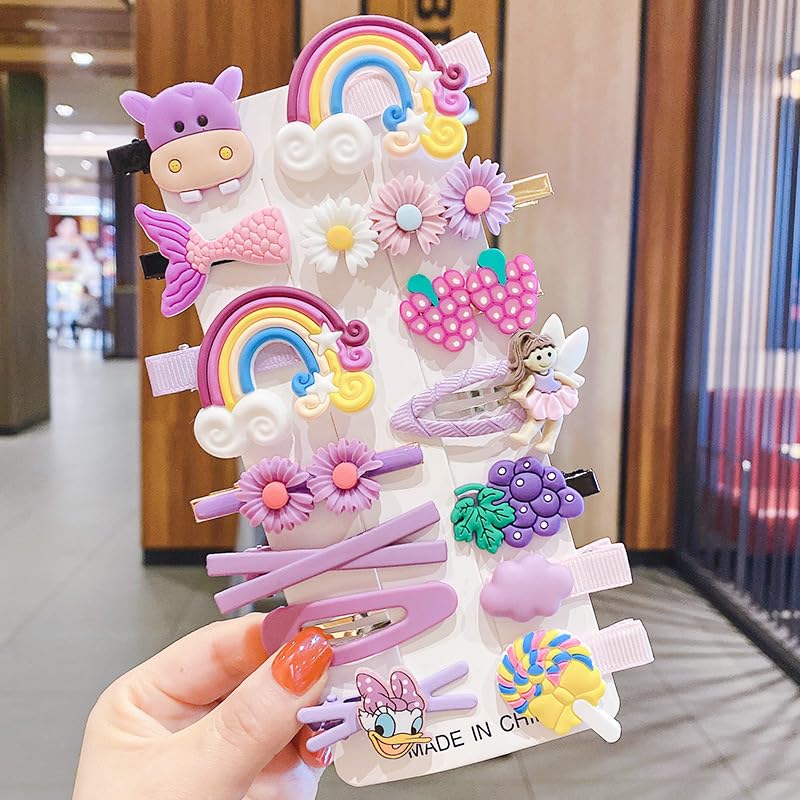 14 PCS Cute Hair Clips Fashion Girls Hair Accessories Flower Fruit Colorful Rainbow Candy Dessert Lovely Animal Barrettes Set Non-slip Metal Snap Pins for Girls Kids Teens Toddlers