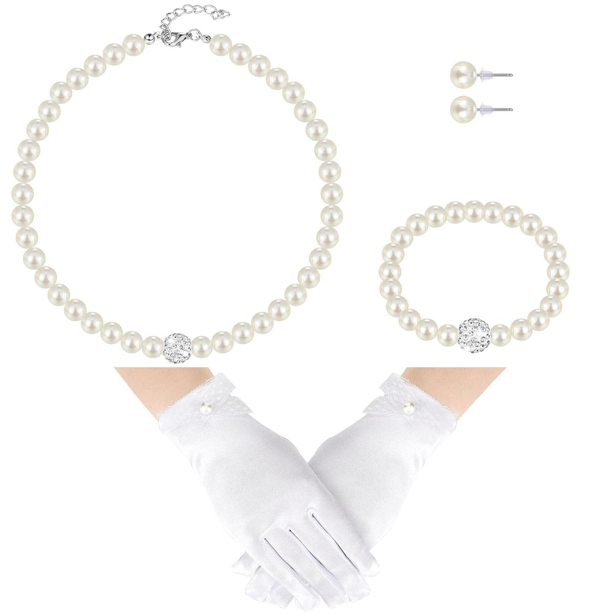 Geyoga 4 Pcs Pearl Necklace Set for Little Girls Toddler Girls Jewelry Communion Gloves for Kids Christmas Tea Party Wedding