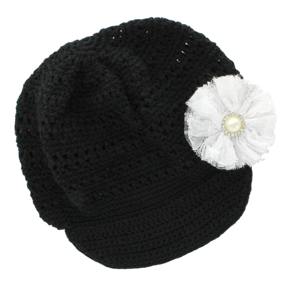 My Lello Little Girl's Newsboy Crochet Beanie Hat with Vintage Lace/Tulle Flower