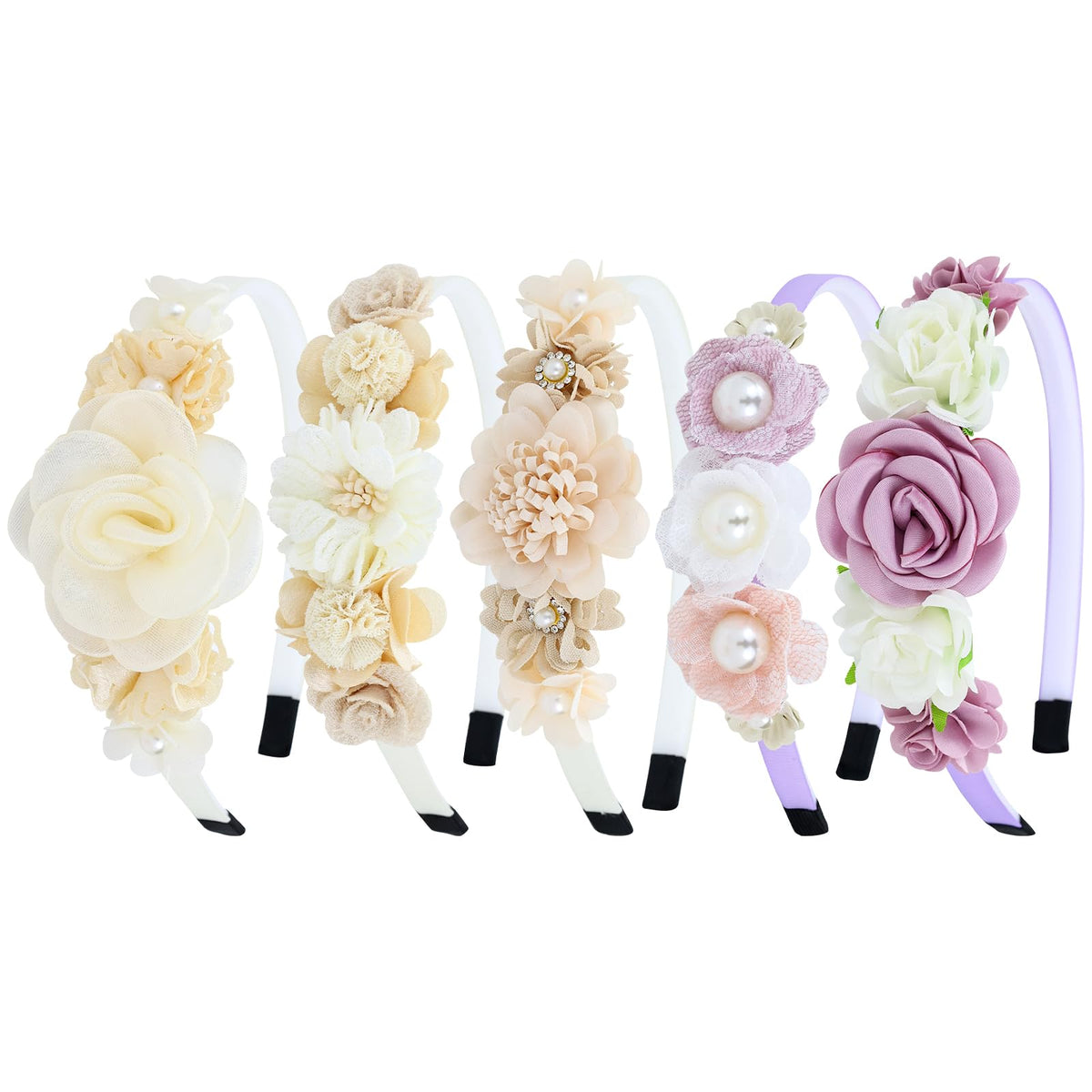 Dizila 5 Pieces Beige Pink Plastic Flower Headbands Floral Hair Bands Hoops Accessories for Baby Girls Toddlers Kids Teens