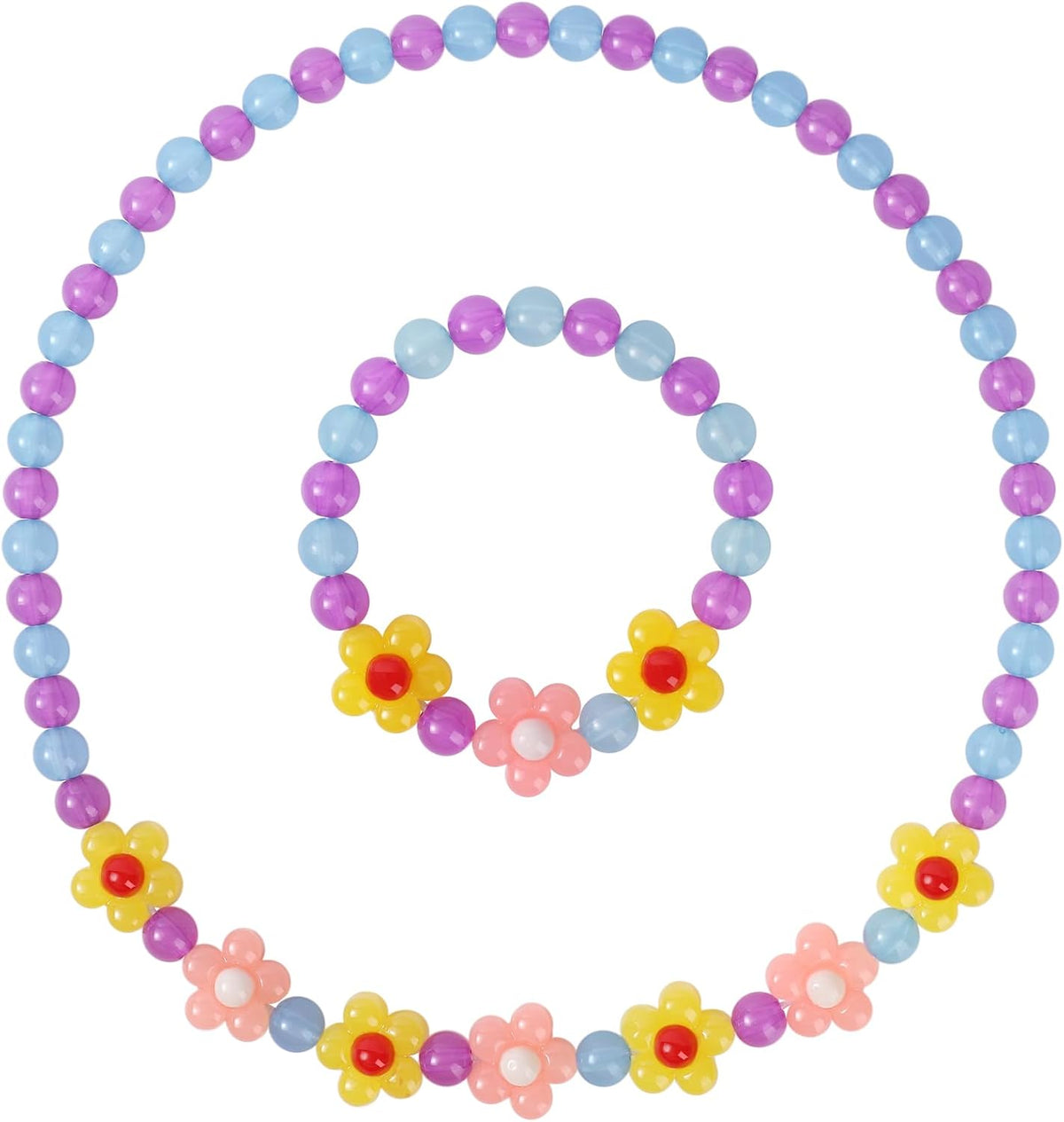 Girls Jewelry Set - Cute Flower Beads Necklace Bracelet-Toddler Girls Flower Jewelry - Stretchy Chunky Costume Jewelry Present Toy-Yellow