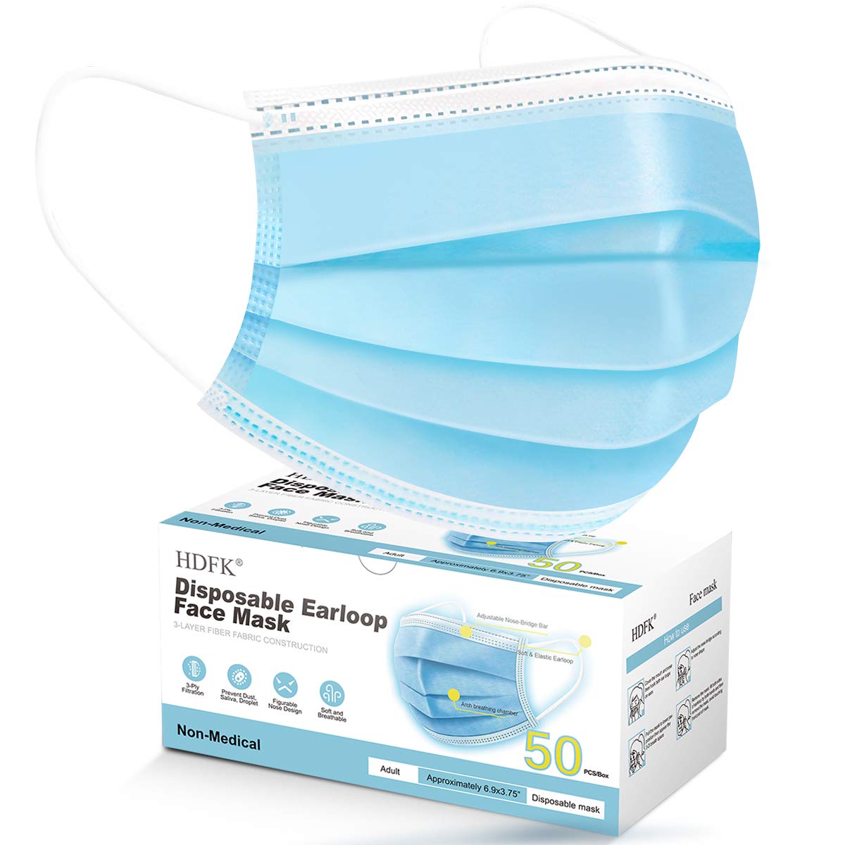 HDFK Face Mask Disposable Adults 3Ply Non-Woven with Nose Clip Blue 50Pack
