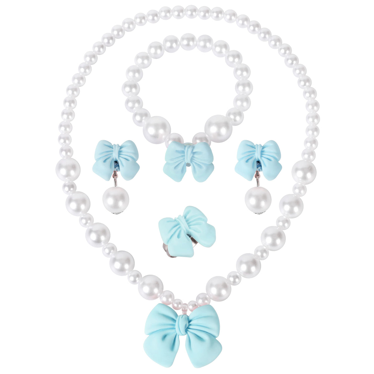 Princess Jewelry for Little Girls, Handmade Bow Pearl Kids Jewelry Set, Stretch Necklace Bracelets Rings and Clip on Earrings, Perfect for Dress Up, Birthday Parties, and Costume Play