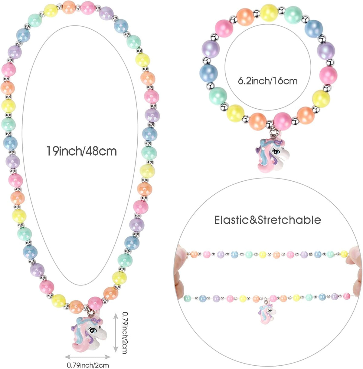 Msnailfly Unicorn Stretch Necklace Little Girl Toddler Necklace Bracelet Set, Little Princess Jewelry Accessories Favors Bags for Girls (2)