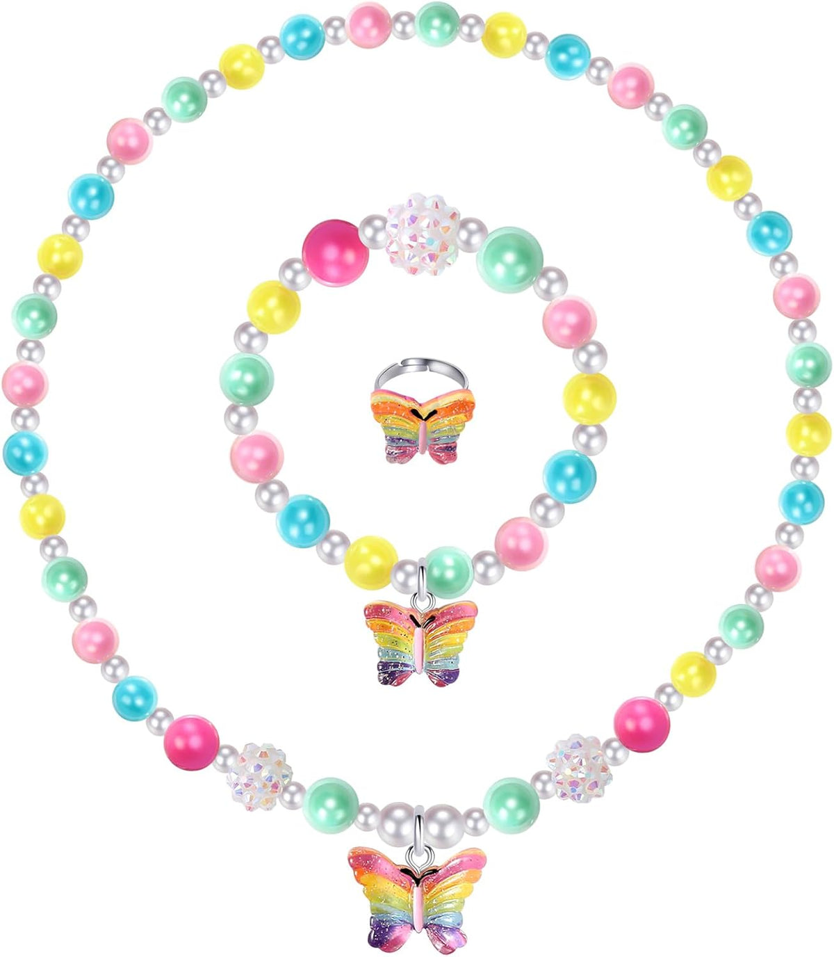 Girls Crystal Butterfly Jewelry Set - Toddler Butterfly Necklace Girls Pretend Plasy Toy Jewelry Set with Bead Necklace, Bracelet and Ring - Play Accessories - Ages 3+ Girl Birthday Gifts-Style 1
