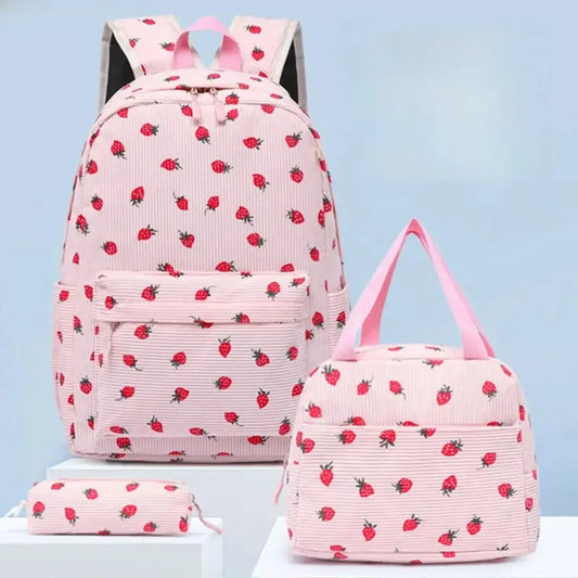 Kids' 3-Piece School Style Backpack Set - Corduroy Strawberry Graphic, Spacious No-Wheels Bag with Lunch Box (Lunch Stays Fresh) & Pencil Pouch for Elementary School Daily Use