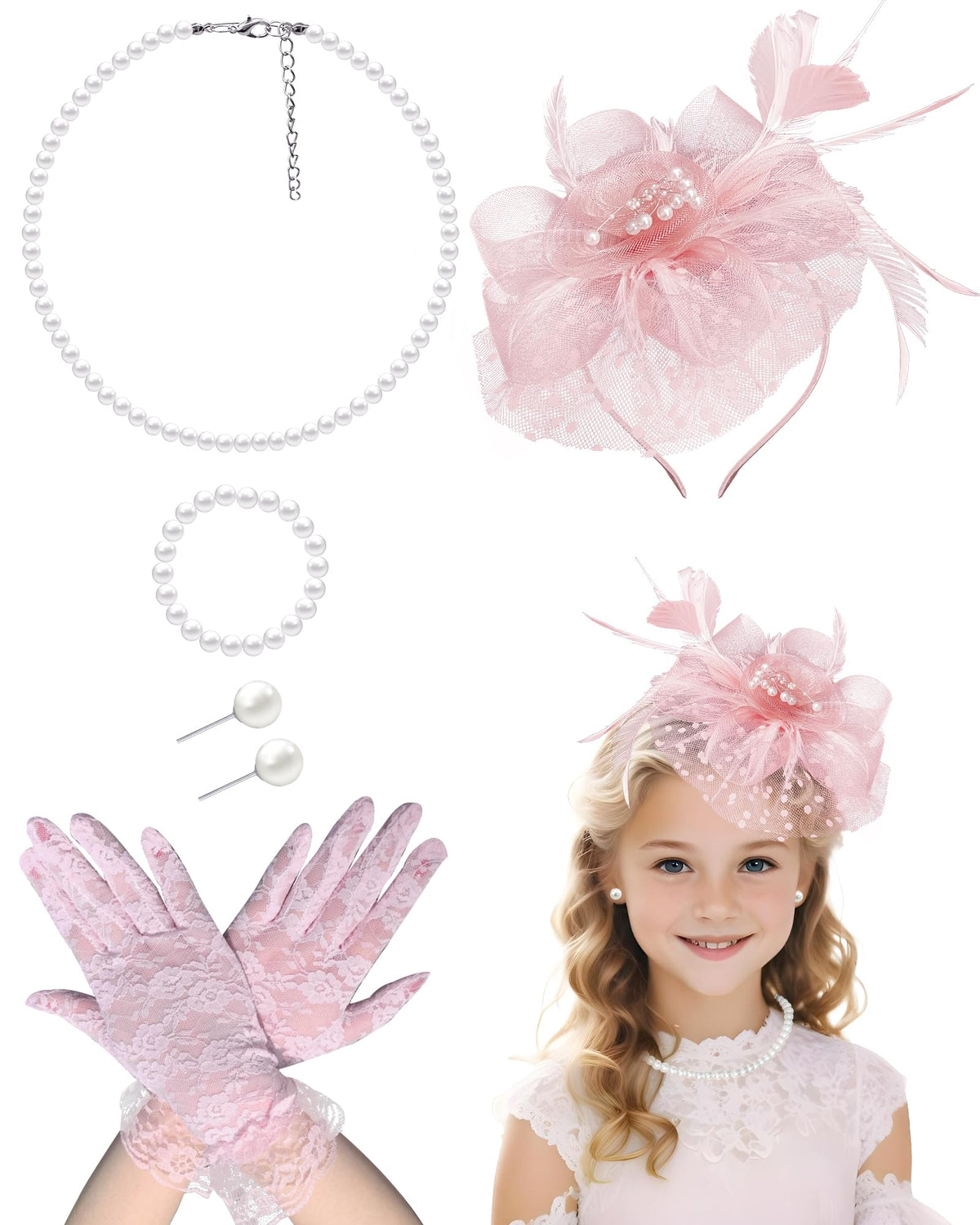 Girls Tea Party Fascinators Hats with Lace Gloves Pearl Necklace Earring Jewelry for Tea Party Wedding Accessories