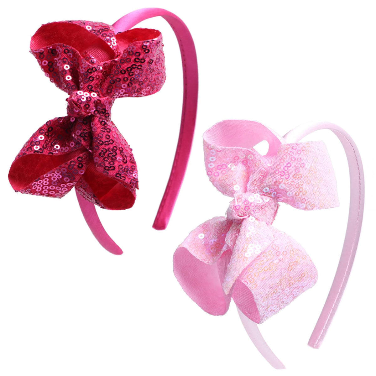 Sparkle Glitter Sequin Bow Headband for Children Girls- Boutique Style Hair Accessory with Bow Ribbon - 2 Piece (HotPink, Pink)