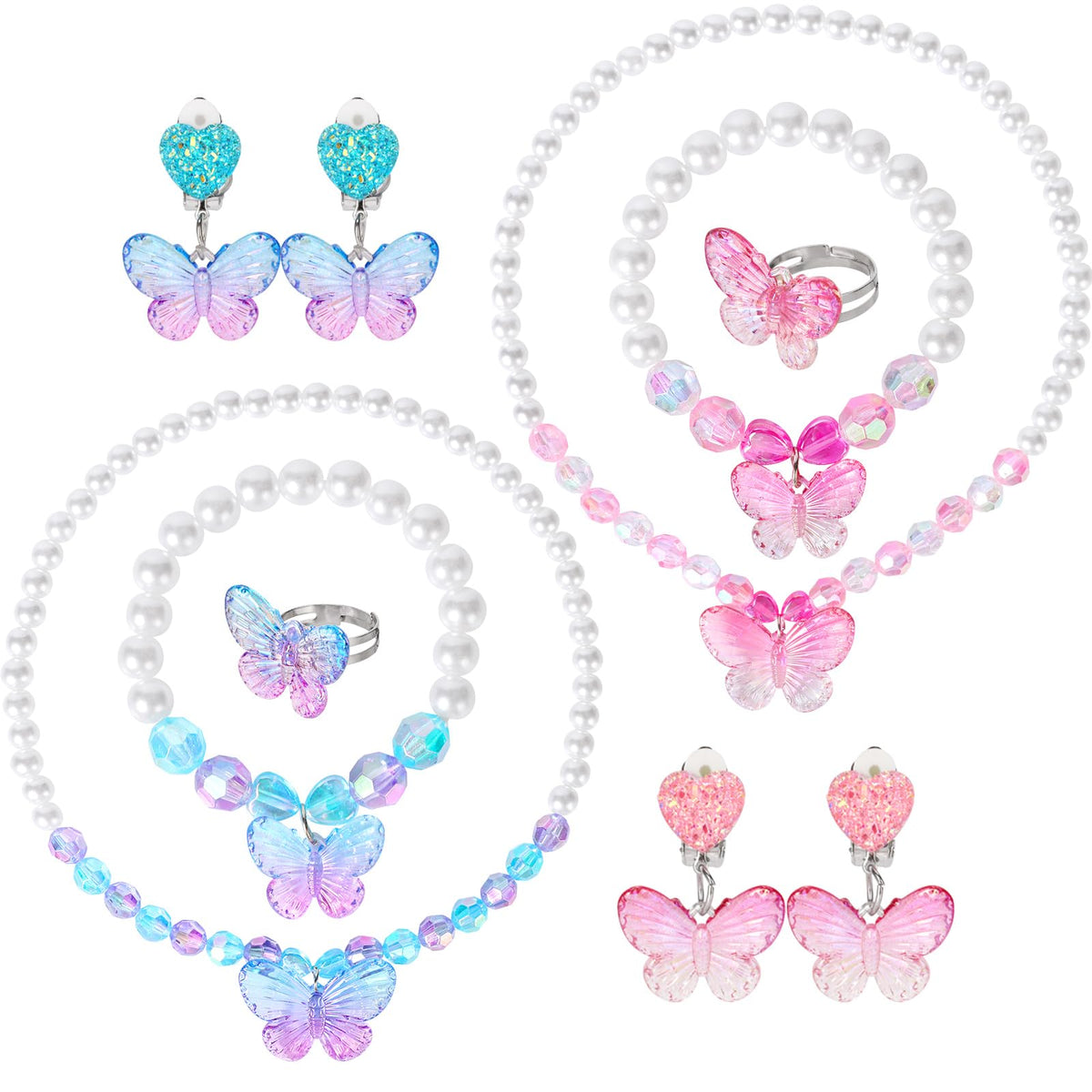 2 Sets Princess Jewelry for Little Girls, Butterfly Kids Jewelry Set, Stretch Necklace Bracelets, Rings and Clip on Earrings Perfect for Dress Up, Birthday Parties