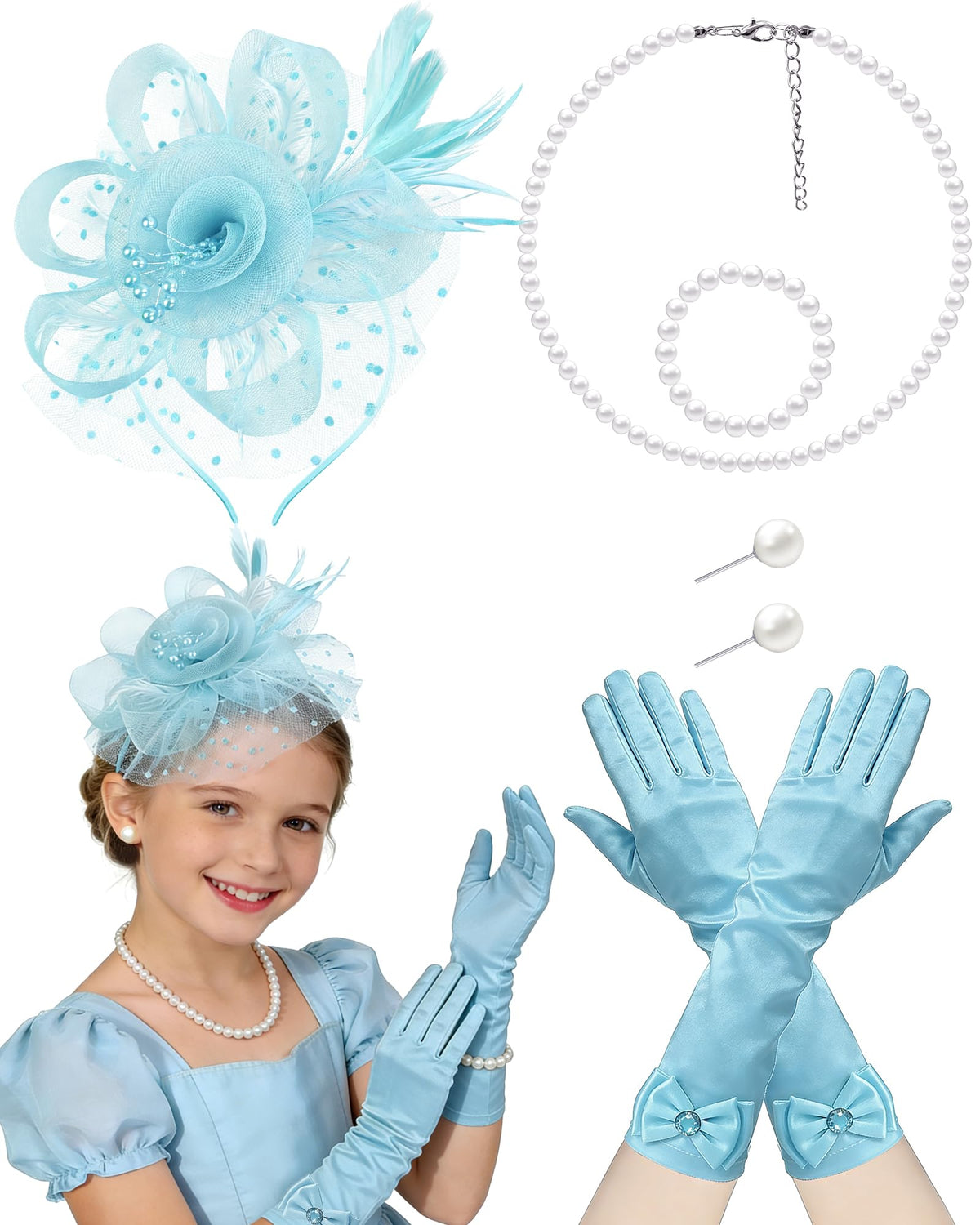 Girls Tea Party Fascinators Hats with Lace Gloves Pearl Necklace Earring Jewelry for Tea Party Wedding Accessories