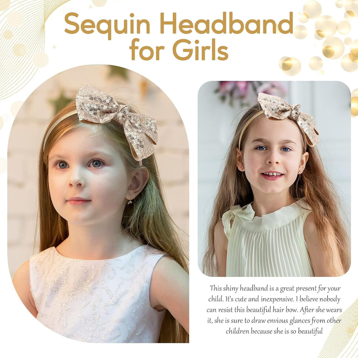 Sequin Gold Bow Headband for Girls Cute Glitter Hair Bands