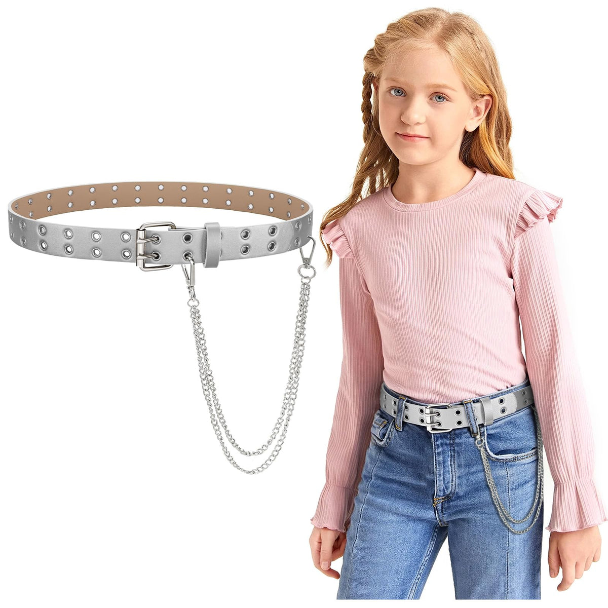JASGOOD Kids Double Grommet Belt for Girls and Boys, PU Leather Kids Double Studded Holes Belt for Jeans Pants