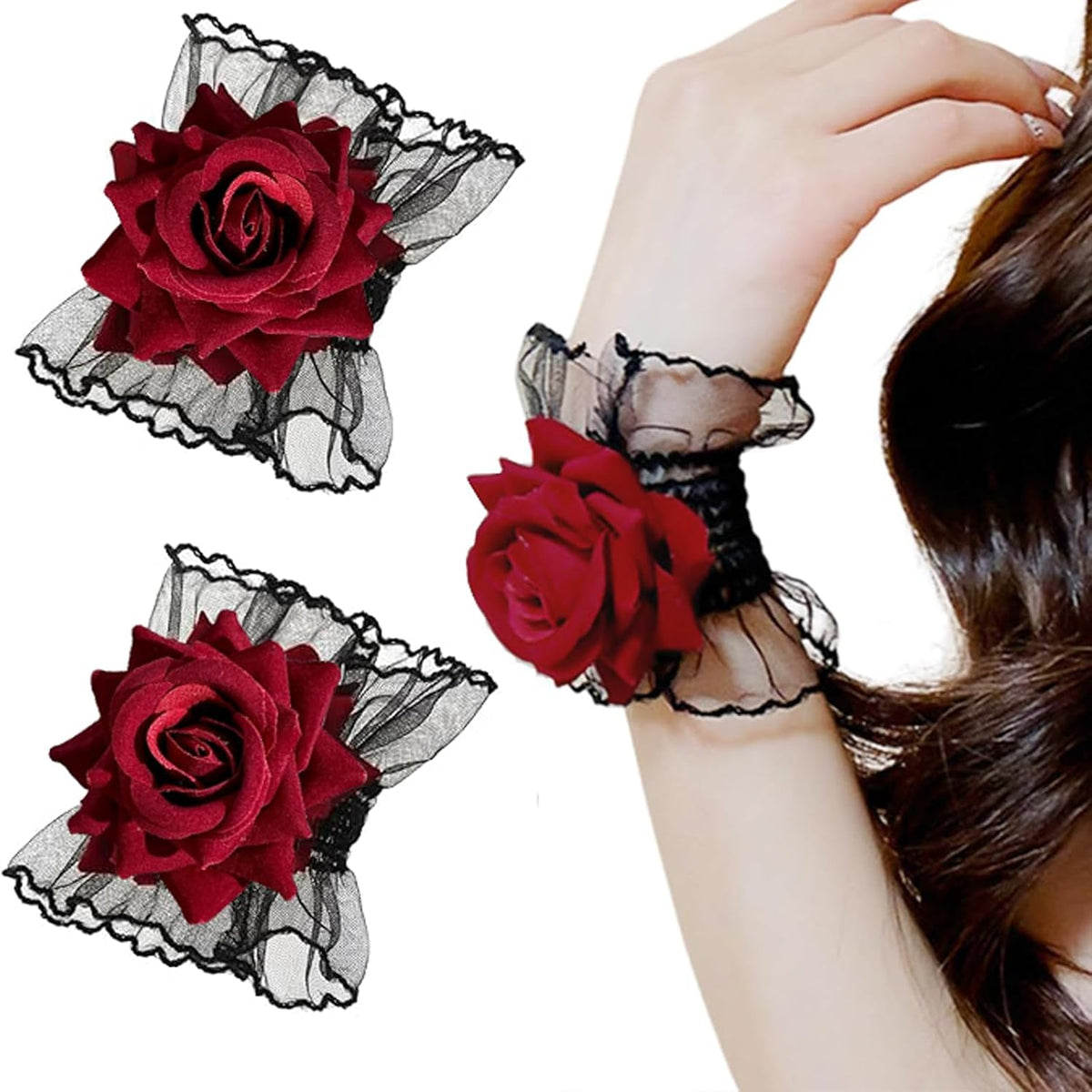 LUNROUG Gothic Rose Lace Gloves, Black with Wine Red Flower, 1 Pair
